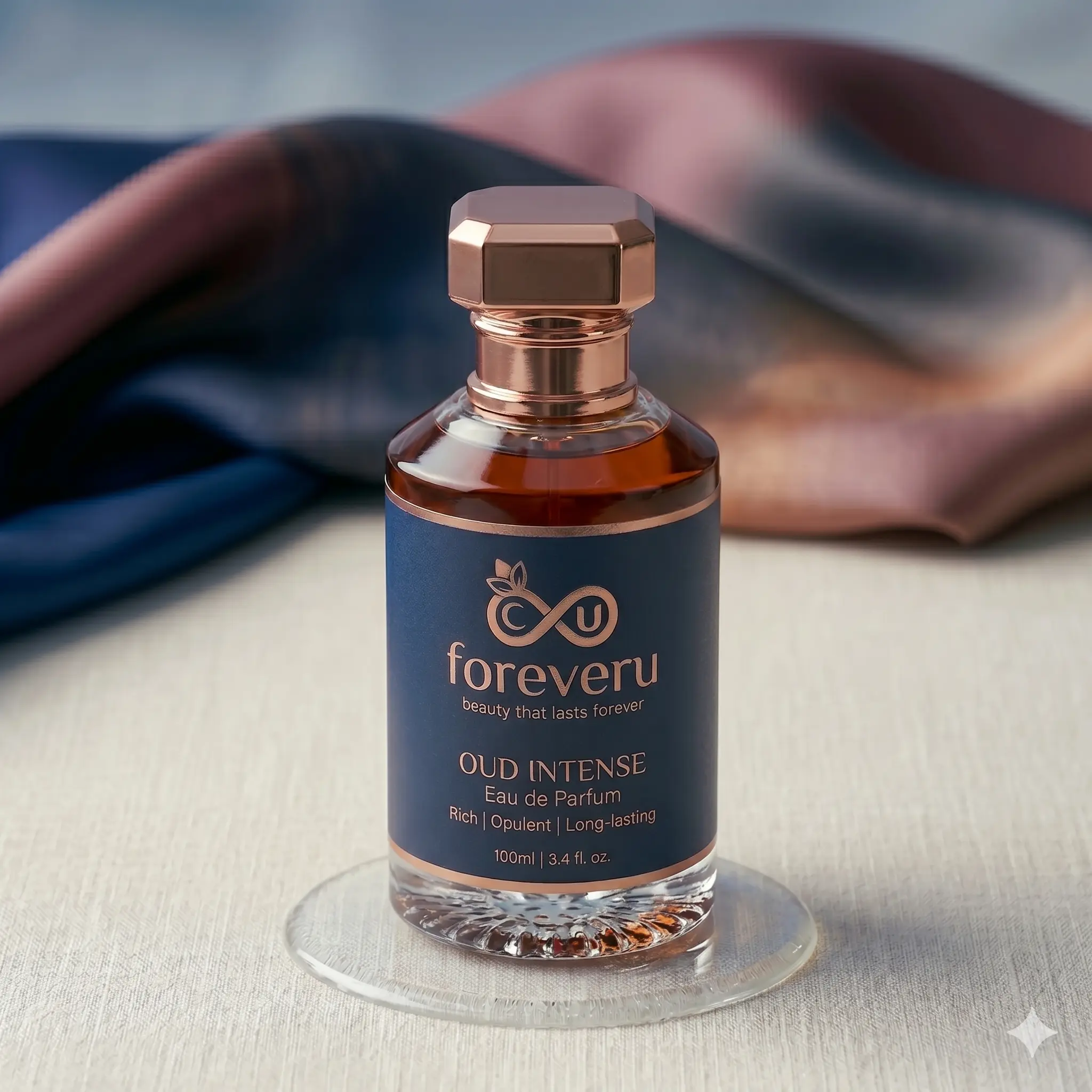 Foreveru Oud Intense is the best long lasting oud perfume bottle displayed on a luxury minimalist backdrop.