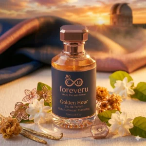 An open jar of foreveru Midnight Hair Mask showing a thick, creamy product texture. The jar is deep blue with rose gold detailing, set against a soft fabric background