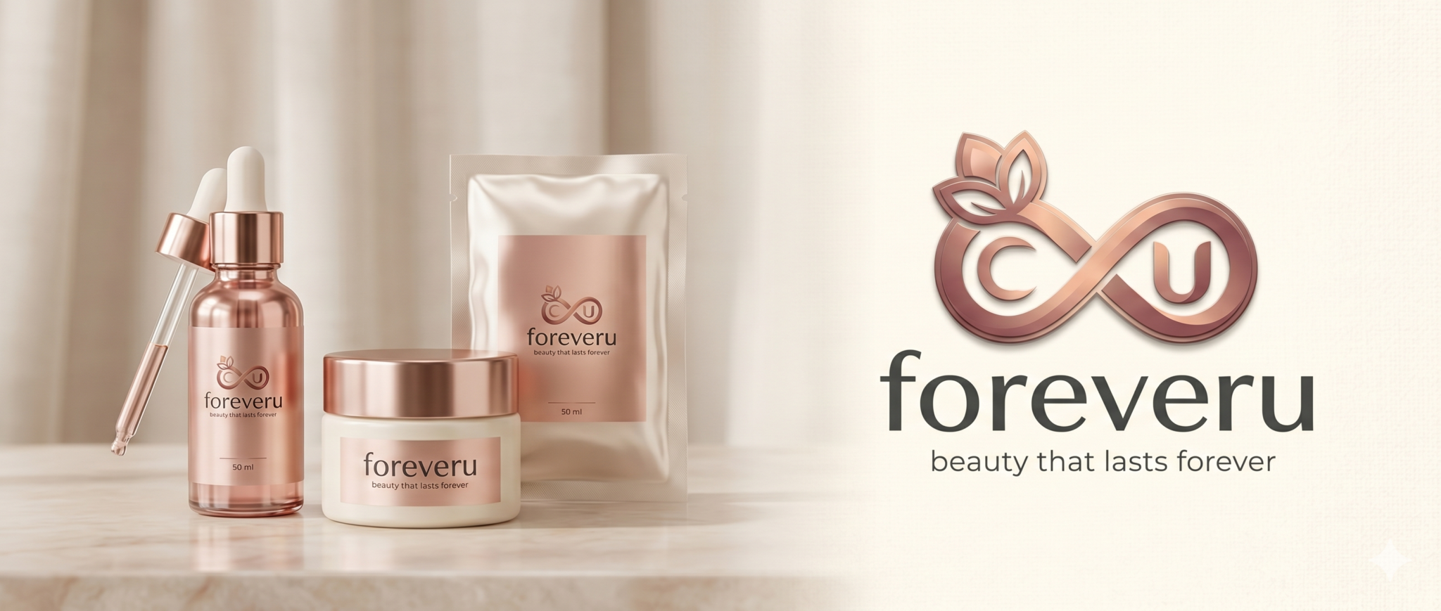 A web page edit view displaying a foreveru cosmetics banner with rose gold product packaging and a stylized infinity logo reading 'foreveru: beauty that lasts forever