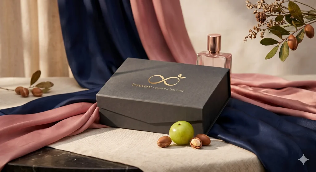 FOREVERU order delivery packaging box alongside a signature luxury perfume bottle