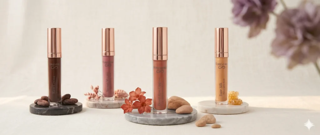 FOREVERU lipgloss collection banner featuring four bottles: Raw Cocoa, Sunset Mauve, Desert Rose, and Bare Silk standing on marble bases with theme-matched accents.