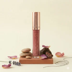 FOREVERU Sunset Mauve lipgloss bottle on a marble base displaying a dusty rosy nude shade with rose gold cap