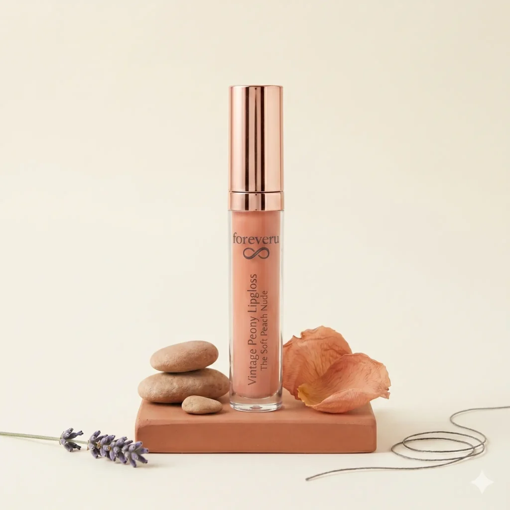FOREVERU Vintage Peony lipgloss open tube displaying soft peach nude shade on minimalist background
