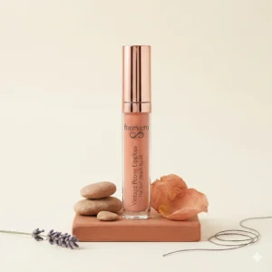 FOREVERU Vintage Peony lipgloss open tube displaying soft peach nude shade on minimalist background