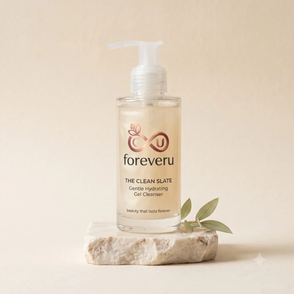 Foreveru Clean Slate Hydrating Gel Cleanser bottle displayed on a minimalist marble pedestal with a warm, aesthetic beige background.