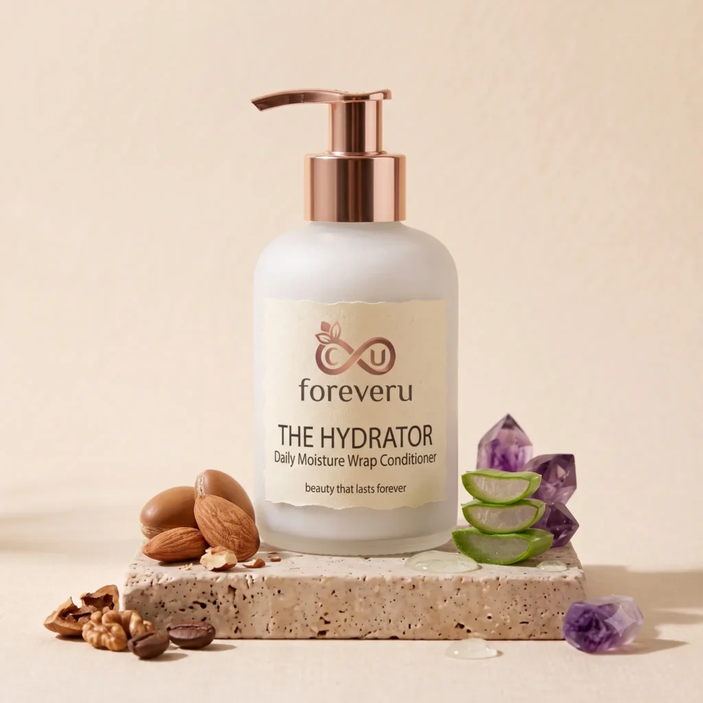 : A premium product photography shot of Foreveru The Hydrator Daily Moisture Wrap Conditioner in a frosted white glass bottle with a shiny rose-gold pump. The bottle sits vertically on a porous travertine block, flanked by fresh sliced green aloe vera pieces and purple amethyst crystals on the right, and whole argan nuts, almonds, and walnuts on the left, all set against a clean, warm cream background.