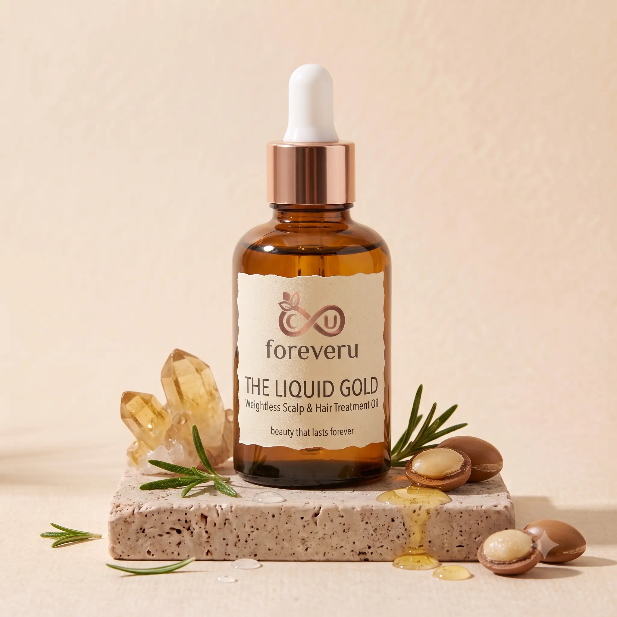 Foreveru The Liquid Gold scalp hair oil bottle sitting on a minimalist tray