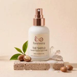 Foreveru The Shield thermal protection heat protectant leave in milk bottle on a sleek surface.