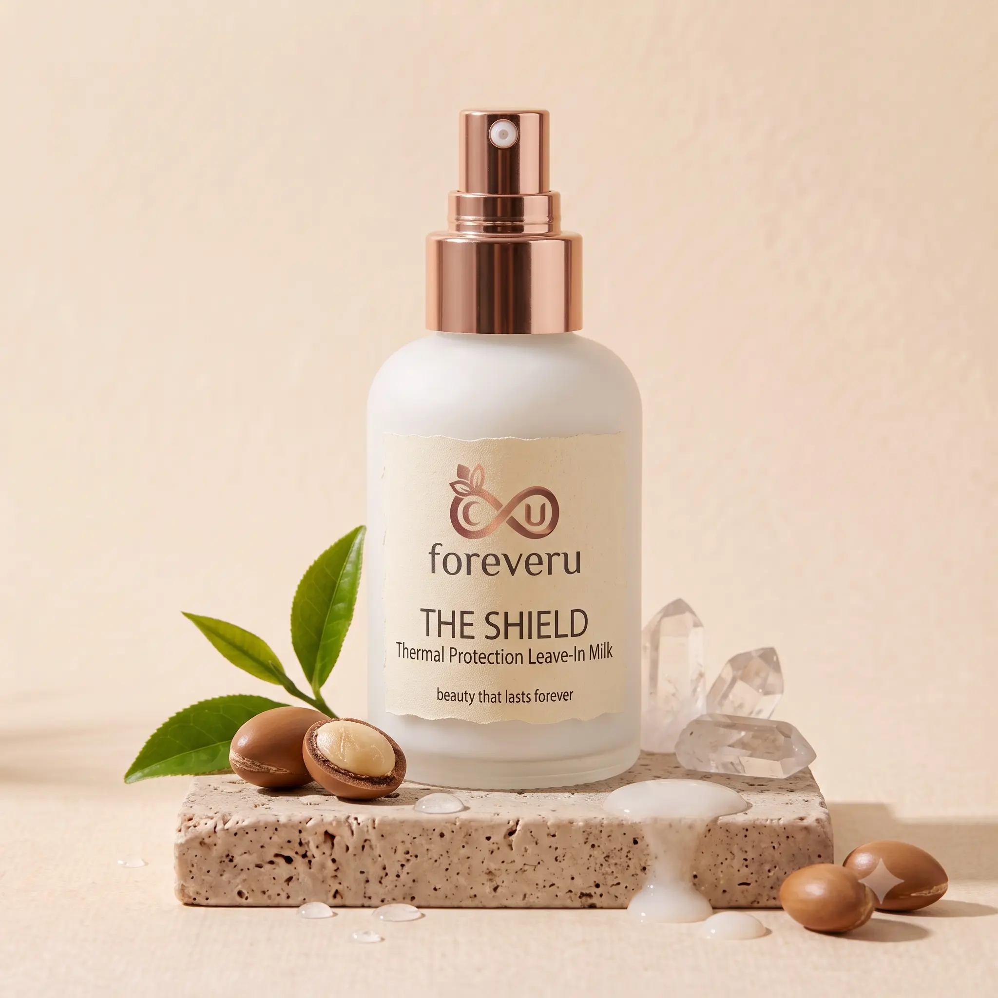 Foreveru The Shield thermal protection heat protectant leave in milk bottle on a sleek surface.