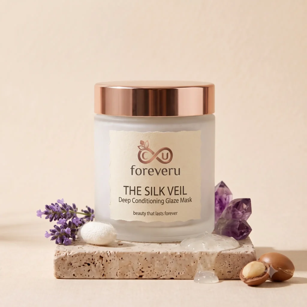 A high-end product photography shot of a frosted glass jar containing Foreveru The Silk Veil Deep Conditioning Glaze Mask, finished with a reflective rose-gold cap. The jar is centered on a textured, porous stone platform. A premium small metallic label is embedded on the front of the stone plinth. The setup is styled with a sprig of fresh purple lavender and a white silk cocoon on the left, translucent purple amethyst crystals and a smooth dollop of clear gel in the center right, and whole macadamia nuts on the far right against a clean cream backdrop.