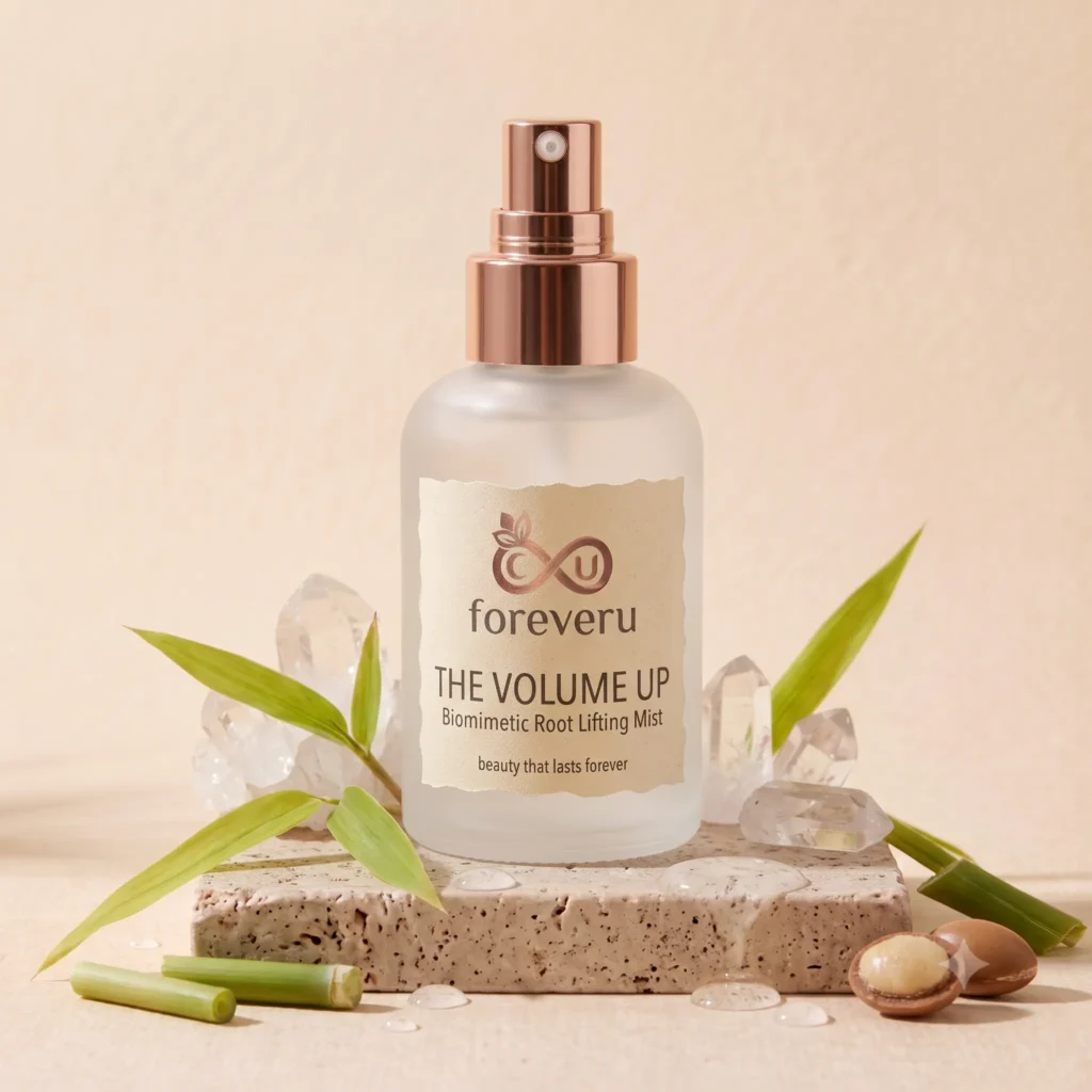 Foreveru The Volume Up Biomimetic Root Lifting Mist spray bottle on a modern aesthetic background.
