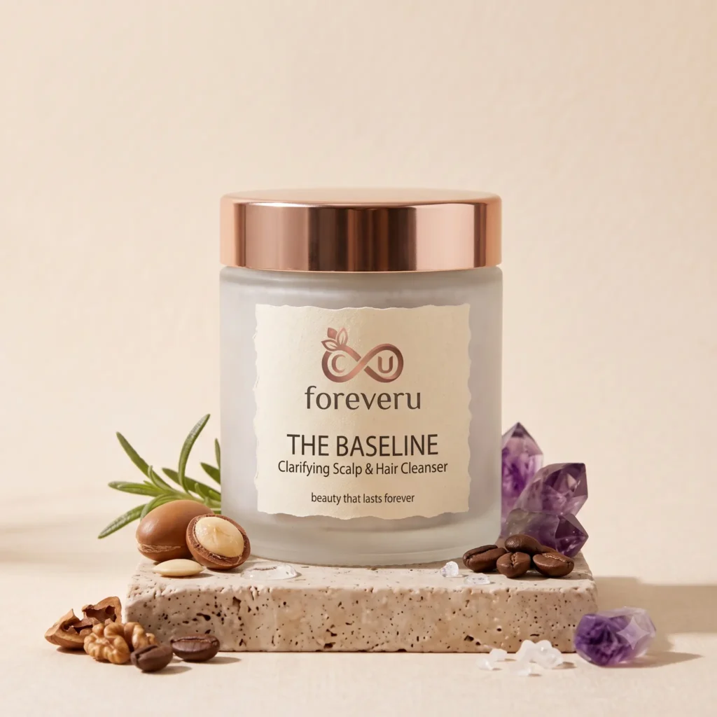 A vertical product photography shot of a frosted glass jar containing Foreveru.The Baseline Clarifying Scalp & Hair Cleanser, topped with a polished rose-gold cap. The jar rests on a textured stone block surrounded by raw hair-loving ingredients like coffee beans, argan nuts, walnuts, a sprig of rosemary, and raw purple amethyst crystals against a clean, minimal cream background.