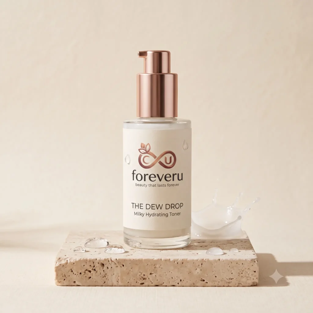 A close-up studio photograph of a premium skincare product, a bottle of "The Dew Drop" Milky Hydrating Toner.